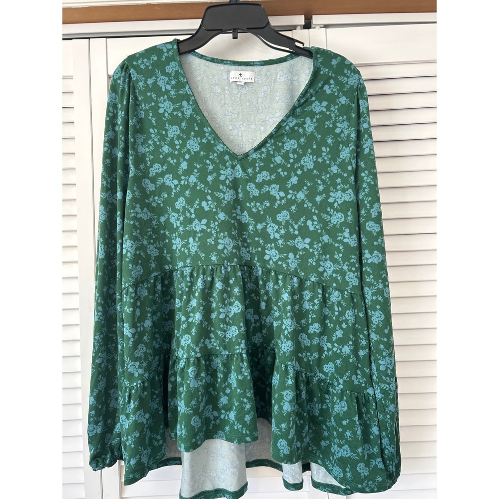 True Craft Green Floral Tiered V Neck Long Sleeve Peplum Blouse Top‎ XL